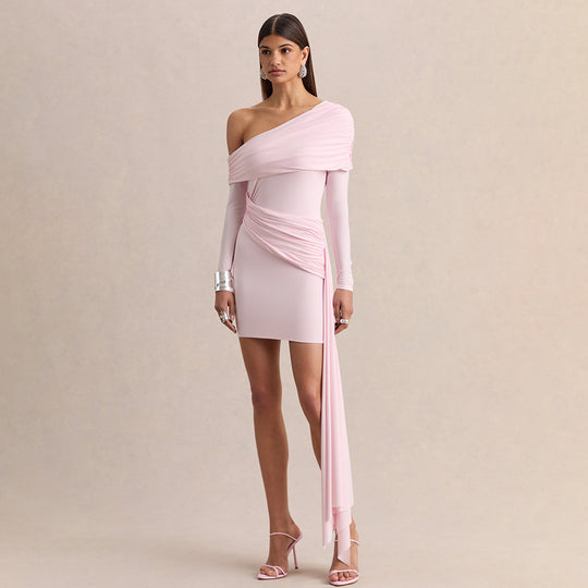 Damen Elegantes Wickelkleid mit asymmetrischem Ärmel und Drapierungen EB