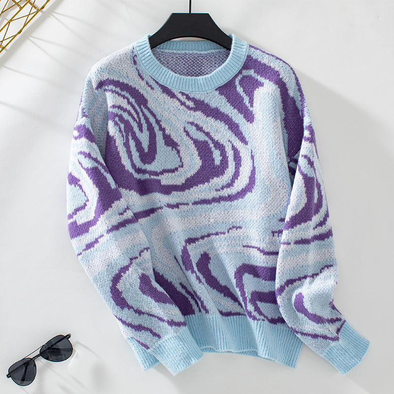 Damen gemusterter Strickpullover mit modernem Wellenmuster und Rundhalsausschnitt EB