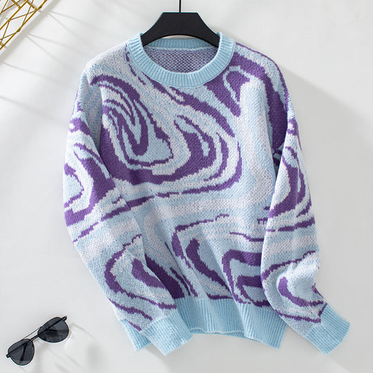 Damen gemusterter Strickpullover mit modernem Wellenmuster und Rundhalsausschnitt EB