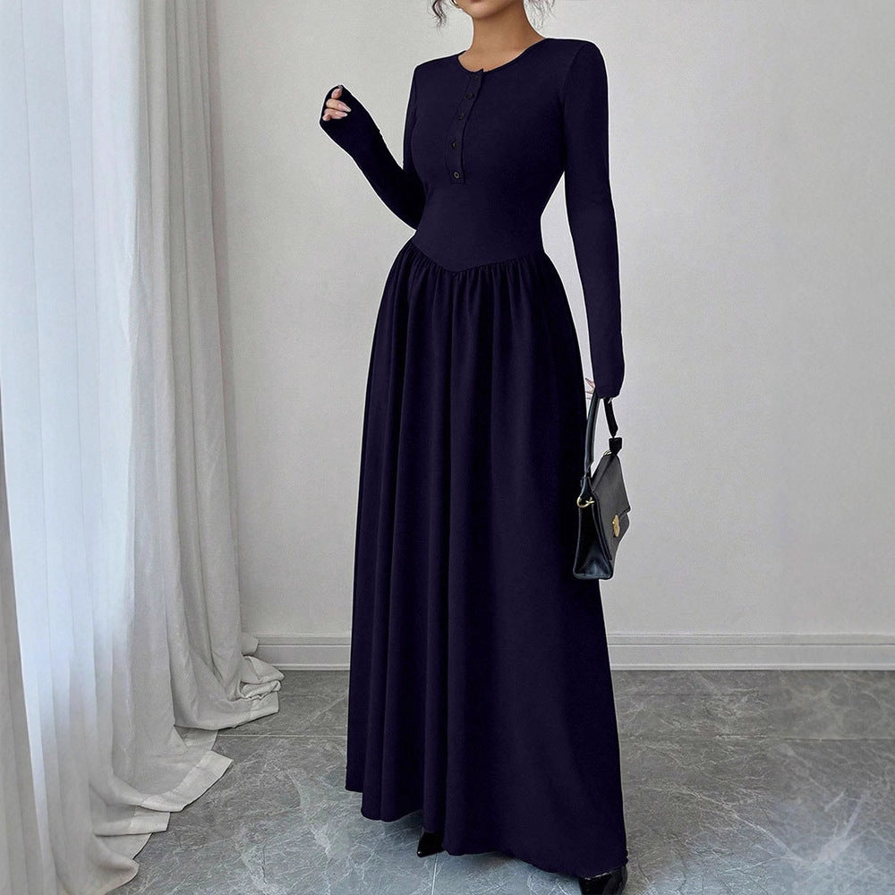 Damen Maxikleid mit eleganten Knopfdetails und fließendem Rockteil EB
