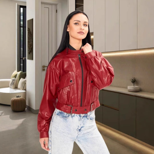 Damen klassische Kunstlederjacke im modischen Oversized-Schnitt EB