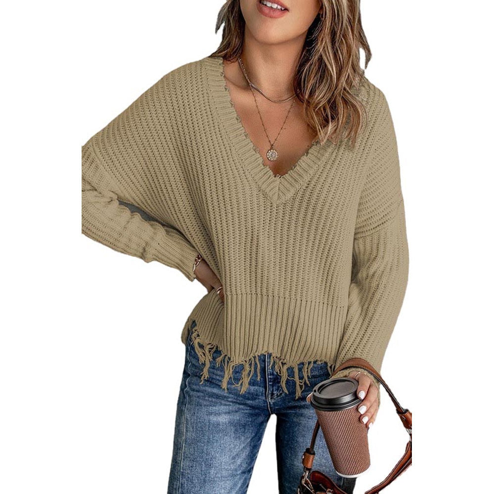 Damen Lässiger Strickpullover mit V-Ausschnitt und fransigem Saum EB