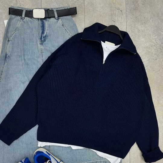 Damen Strickpullover mit hohem Kragen und Reißverschluss EB