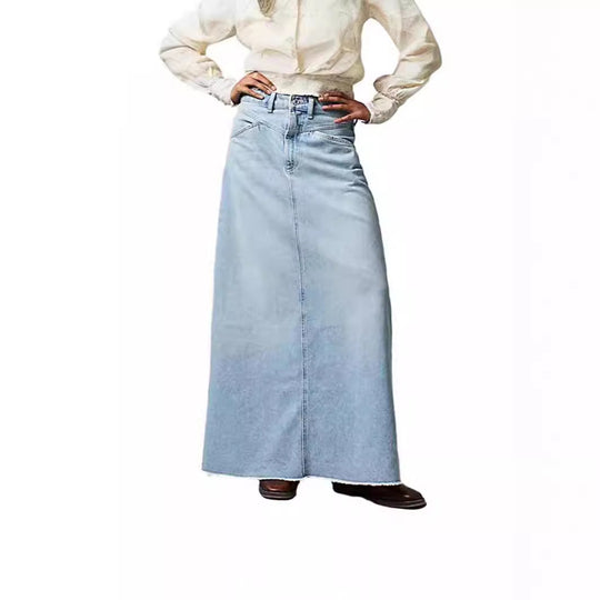 Damen Langer Denim-Rock mit hohem Bund und praktischen Taschen EB