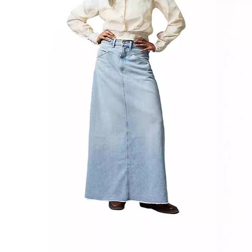Damen Langer Denim-Rock mit hohem Bund und praktischen Taschen EB