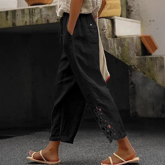 Damen luftige Leinenhose mit dekorativen Stickereien EB