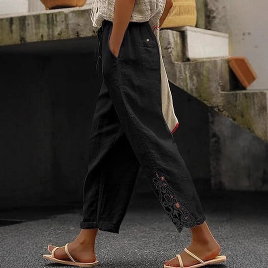 Damen luftige Leinenhose mit dekorativen Stickereien EB