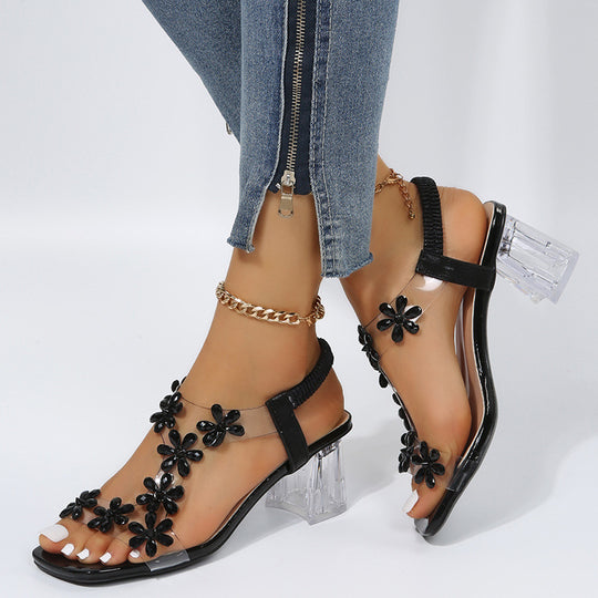 Damen modische Sandalen mit transparentem Riemen und Blumenapplikationen EB