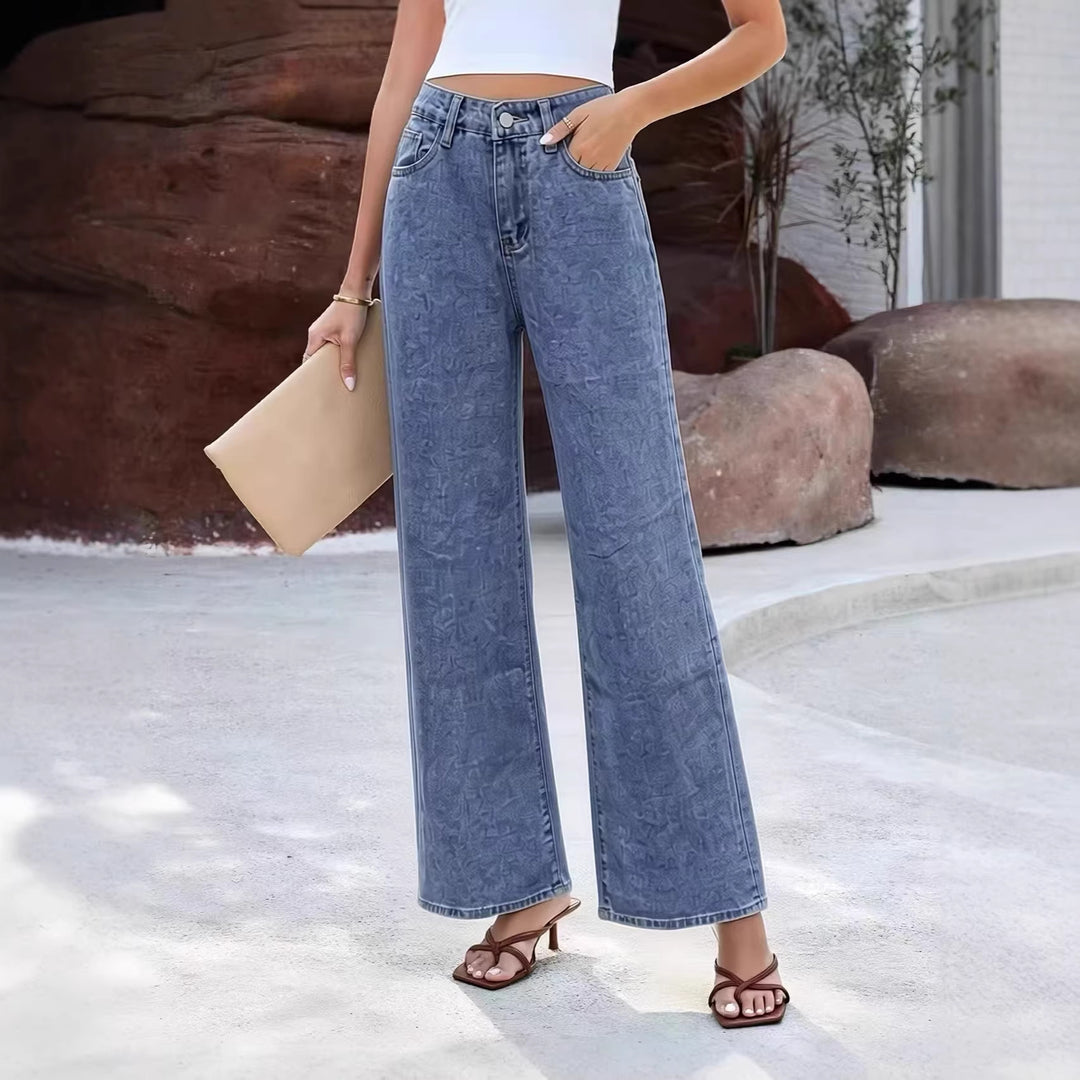 Damen Weite High-Waist Jeans mit klassischem Schnitt und ausgefransten Säumen EB