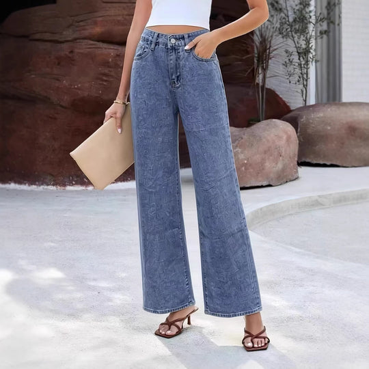 Damen Weite High-Waist Jeans mit klassischem Schnitt und ausgefransten Säumen EB