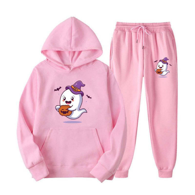 Unisex nan kuscheliger Kapuzenpullover und Jogginghose Set mit Halloween-Geistprint EB