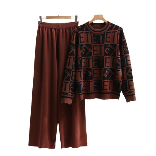 Damen lässiges Strick-Loungewear-Set mit grafischem Muster und weitem Schnitt EB