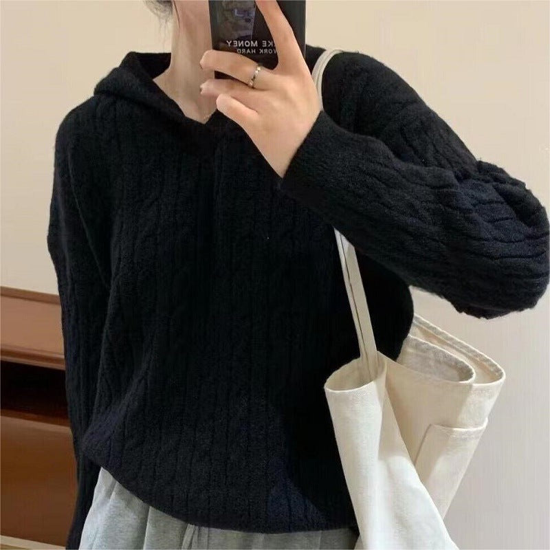 Damen Kuscheliger Strickpullover mit Kapuze und Kabelmuster EB