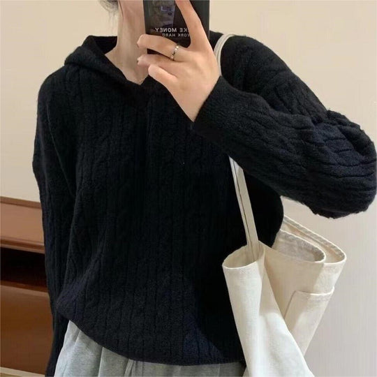 Damen Kuscheliger Strickpullover mit Kapuze und Kabelmuster EB