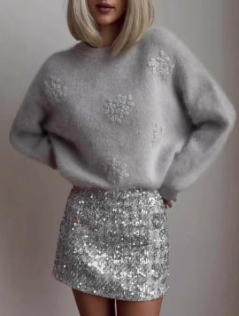 Damen Glamouröser Paillettenrock mit floralem Detail EB