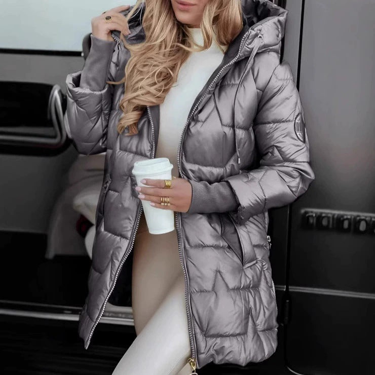 Damen lange, gefütterte Winterjacke mit Kapuze EB
