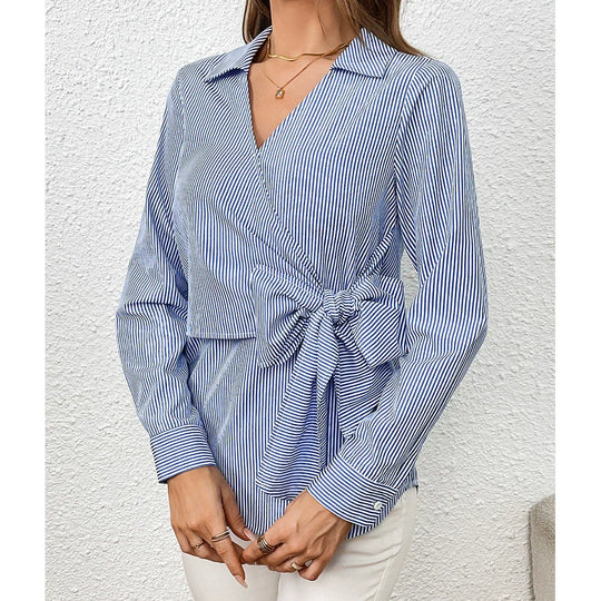 EB | Shirt Slim Fit Wickelstil Vertikale Streifen Taillenschnürung Lange Ärmel