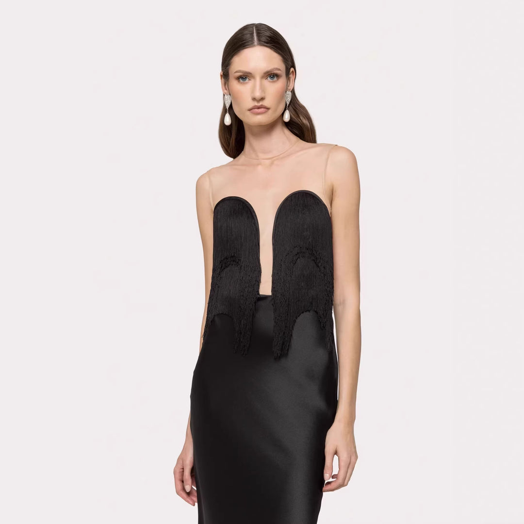 Damen Langärmliges Maxikleid mit tiefem V-Ausschnitt und fransierten Details EB
