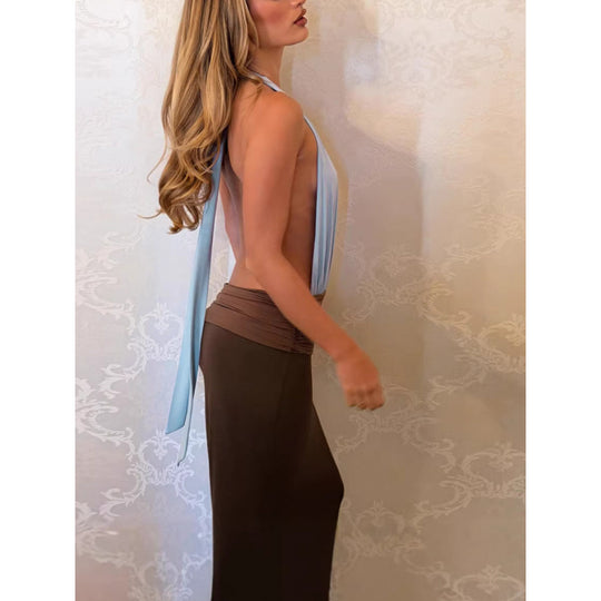 Damen Elegantes Maxikleid mit tiefem V-Ausschnitt und bauchbedeckendem Rockteil EB