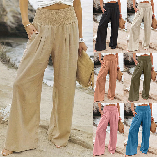 Damen Weite Leinenhose mit elastischem Bund und Falten EB
