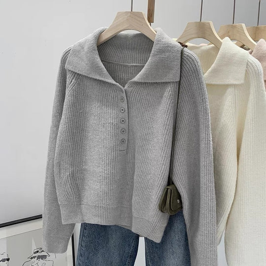 Damen Strickpullover mit Kragen und Knopfleiste EB