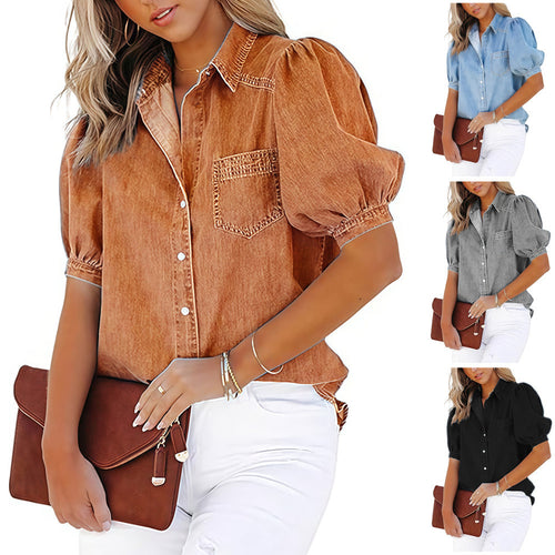 Damen lässige Denim-Bluse mit ballonärmel und praktischer Brusttasche EB