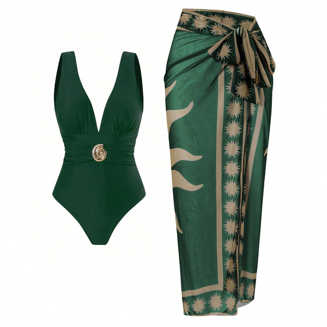 Damen Badeanzug mit femininem Wickelrock und elegantem Schmuckdetail EB