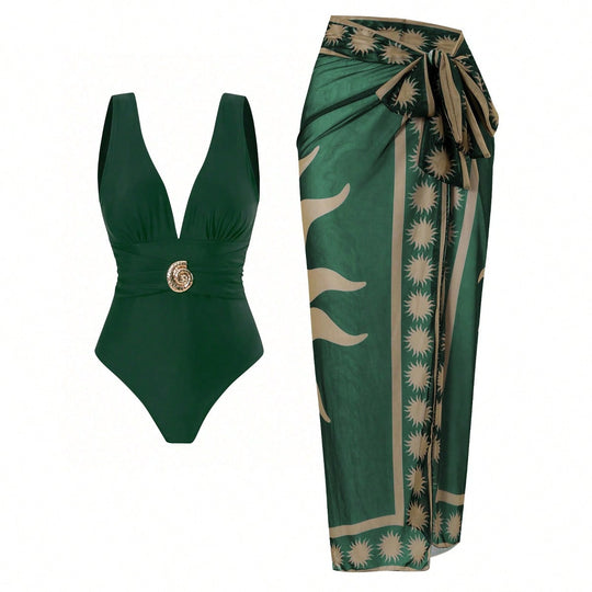 Damen Badeanzug mit femininem Wickelrock und elegantem Schmuckdetail EB