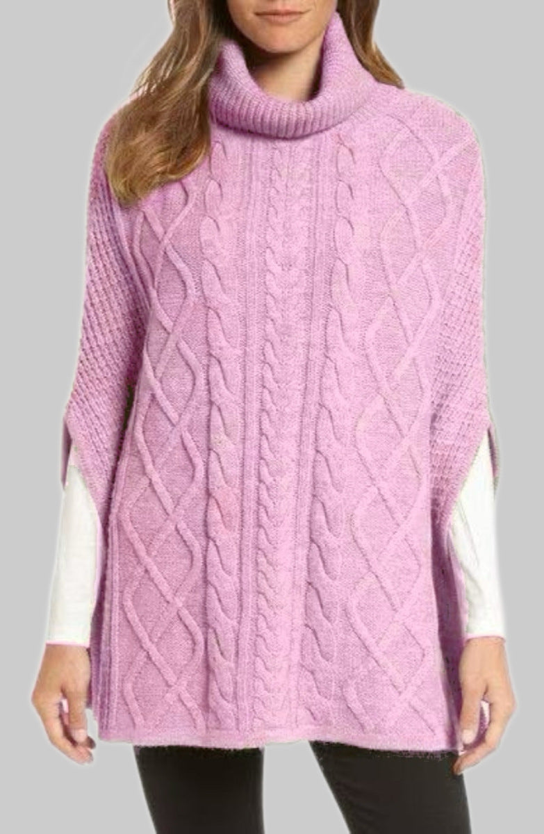 Damen Strickponcho mit hohem Kragen und klassischen Zopfmuster EB