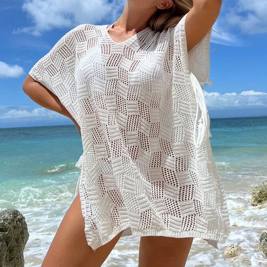 Damen luftiger Häkel-Strandüberwurf mit modernem Netzdesign EB