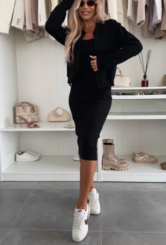 Damen Midi-Kleid mit elegantem Tailleneinsatz und lässiger Cardigan-Jacke EB
