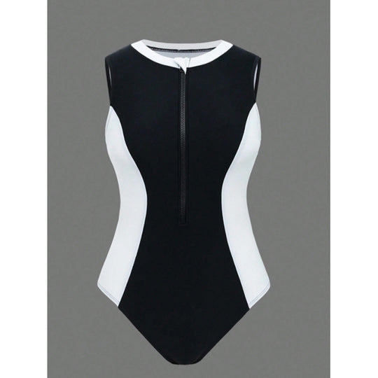 Damen Sportlicher One-Piece Badeanzug mit Reißverschluss und Farbakzenten EB