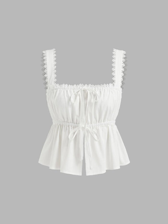 Damen luftiges Crop-Top mit verstellbarem Kordelzug und Rüschendetails EB