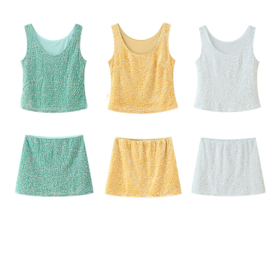 Damen Set aus funkelndem Spaghettiträger Top und schwingendem Rock mit elastischem Bund EB