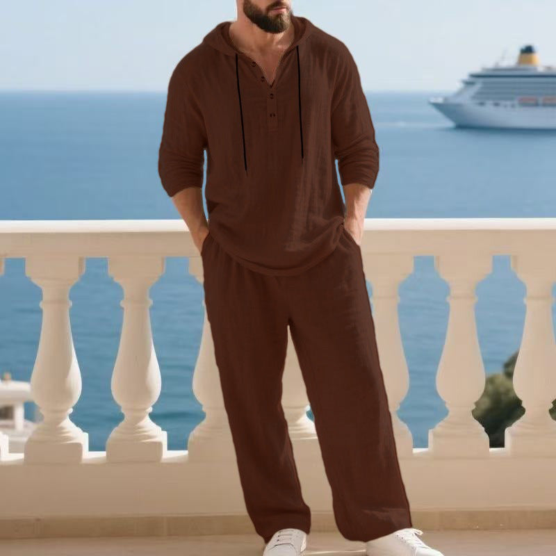 Herren nan lässiges Leinenzweiteiler-Set mit Kapuzenhemd im Henley-Stil und weiten Freizeit-Hosen EB