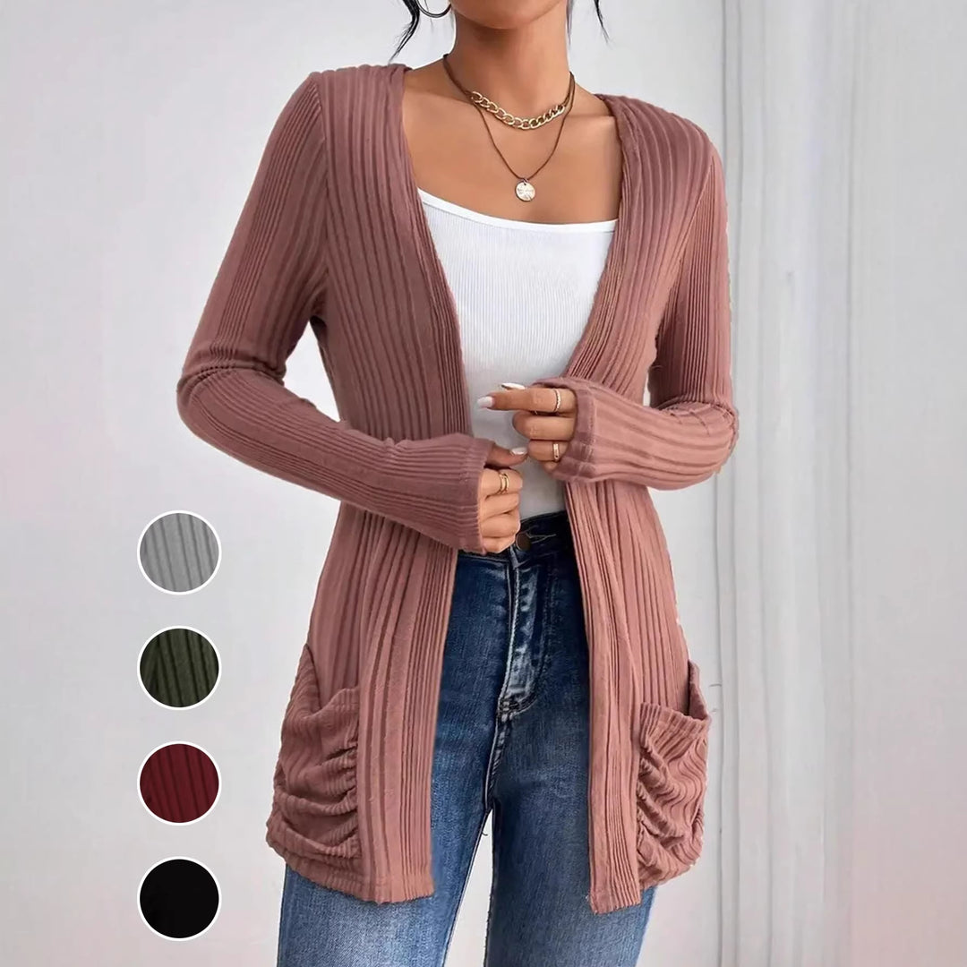 Damen Gerippter Langcardigan mit offener Front, Eingrifftaschen und legerer Passform EB