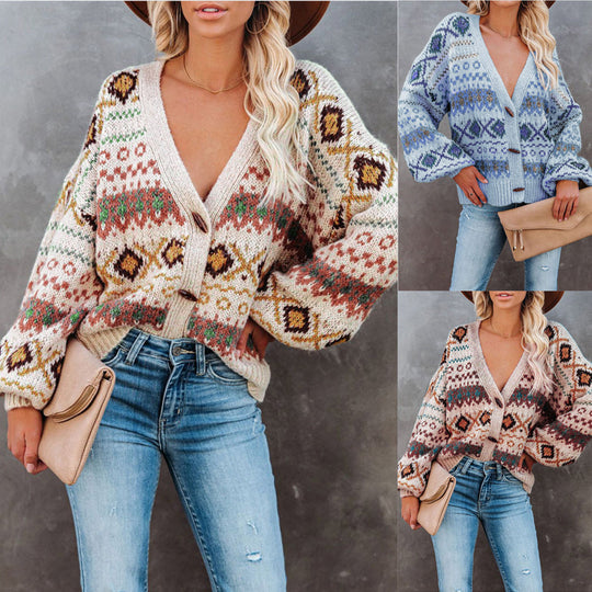 Damen Strickjacke mit folkloristischem Muster und lässigem Schnitt EB