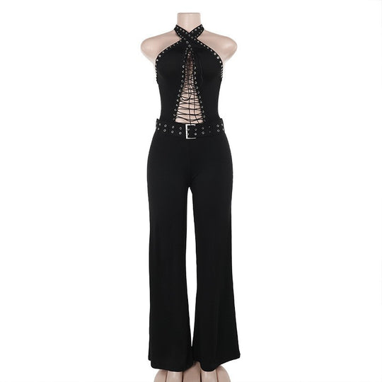 Damen verführerisches Langarmkleid mit tiefem Ausschnitt und Schnürung EB