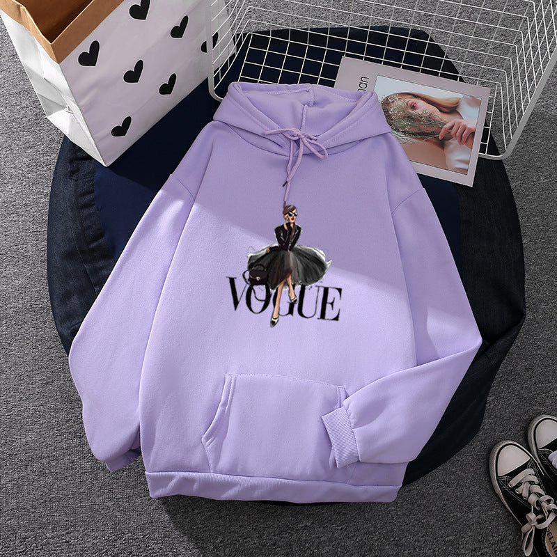 Damen nan modischer Kapuzenpullover mit Fashion-Illustration, geräumiger Eingrifftasche und kuscheligem Fleece EB