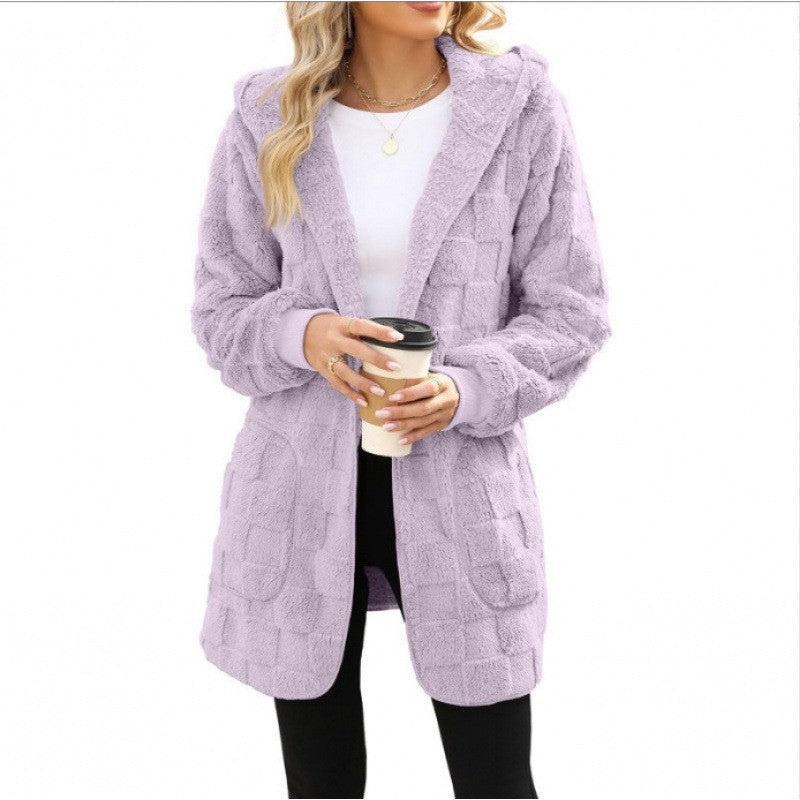 Damen nan kuschelige Kapuzen-Longjacke aus Teddyfleece mit aufgesetzten Taschen und strukturierter Karooptik EB