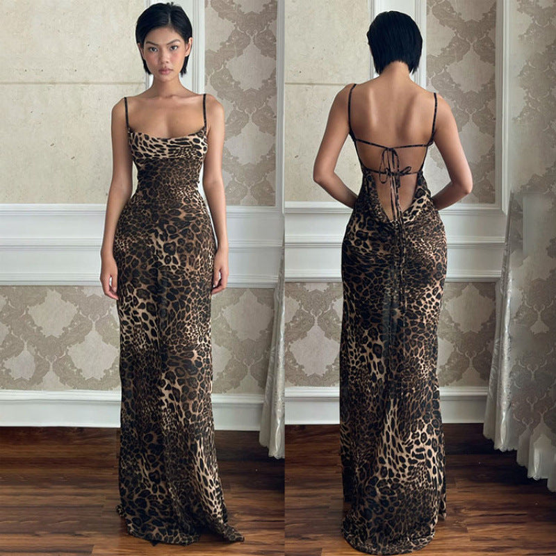 Damen Maxikleid mit elegantem Leopardenprint und offenem Rückenteil EB