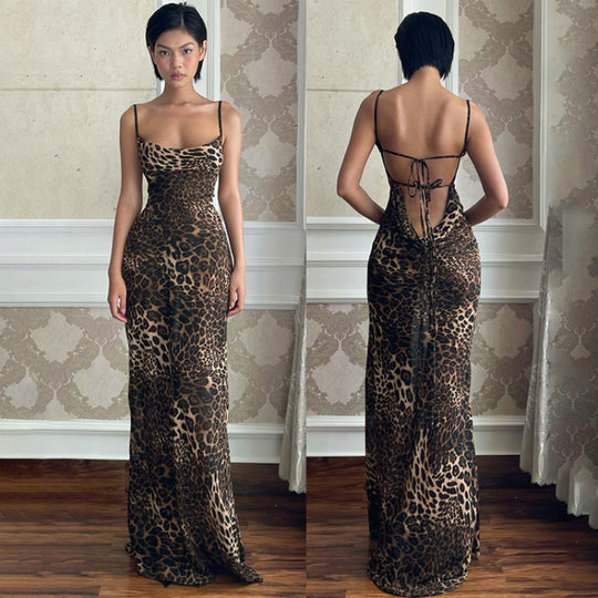 Damen Maxikleid mit elegantem Leopardenprint und offenem Rückenteil EB