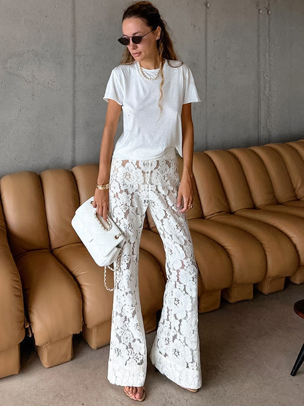 Damen Elegante Spitzenhose mit weitem Bein und floralen Details EB