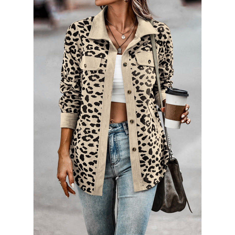 Damen tierisches Print-Langarm-Hemdjacke mit aufgesetzten Taschen EB