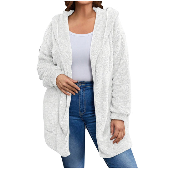Damen nan kuschelige Teddy-Fleece Kapuzenjacke mit großen Eingrifftaschen und entspannter Silhouette EB