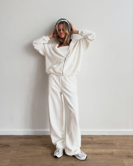 Damen Baumwoll-Fleece Lounge-Set mit Oversize-Zip-Hoodie und Palazzo-Sweatpants EB