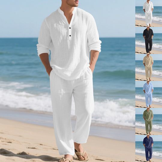 Herren komfortables Homewear-Set mit eleganter Knopfleiste und langen Hosen EB