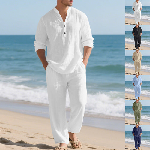 Herren komfortables Homewear-Set mit eleganter Knopfleiste und langen Hosen EB