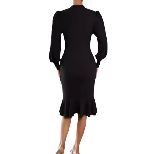 Damen nan tailliertes Pencil-Midikleid mit Stehkragen, ballonärmeln und Glockenvolant EB