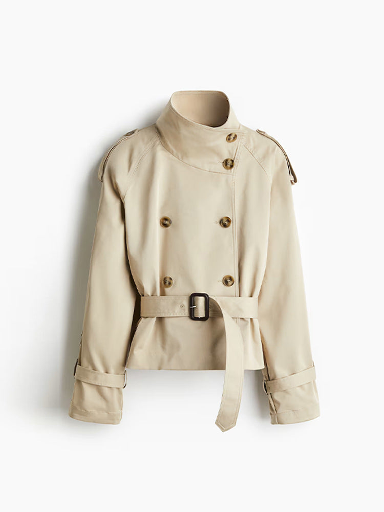 Damen trendige Kurzjacke im modernen Trenchcoat-Stil mit breitem Kragen und Taillengürtel EB